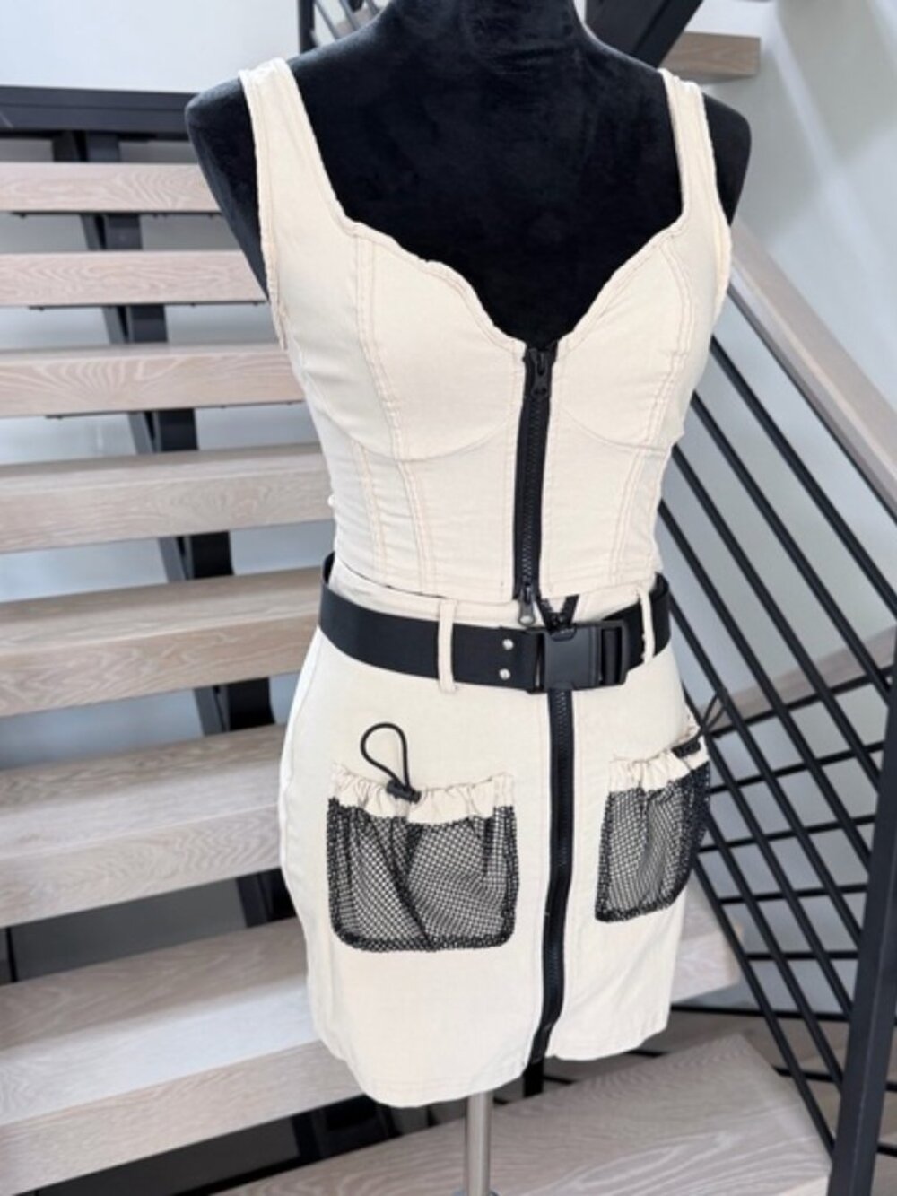 Khaki Matching set with a Zip Up Crop Top and  Skirt with Mesh Pockets size XS